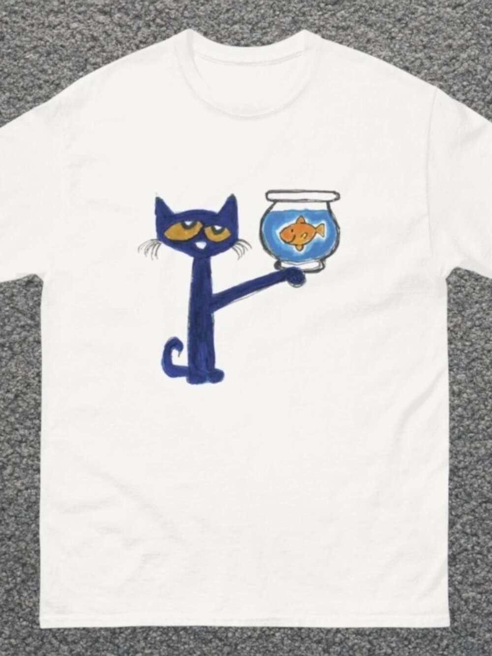 Pete the cat holding fish tank white T-shirt